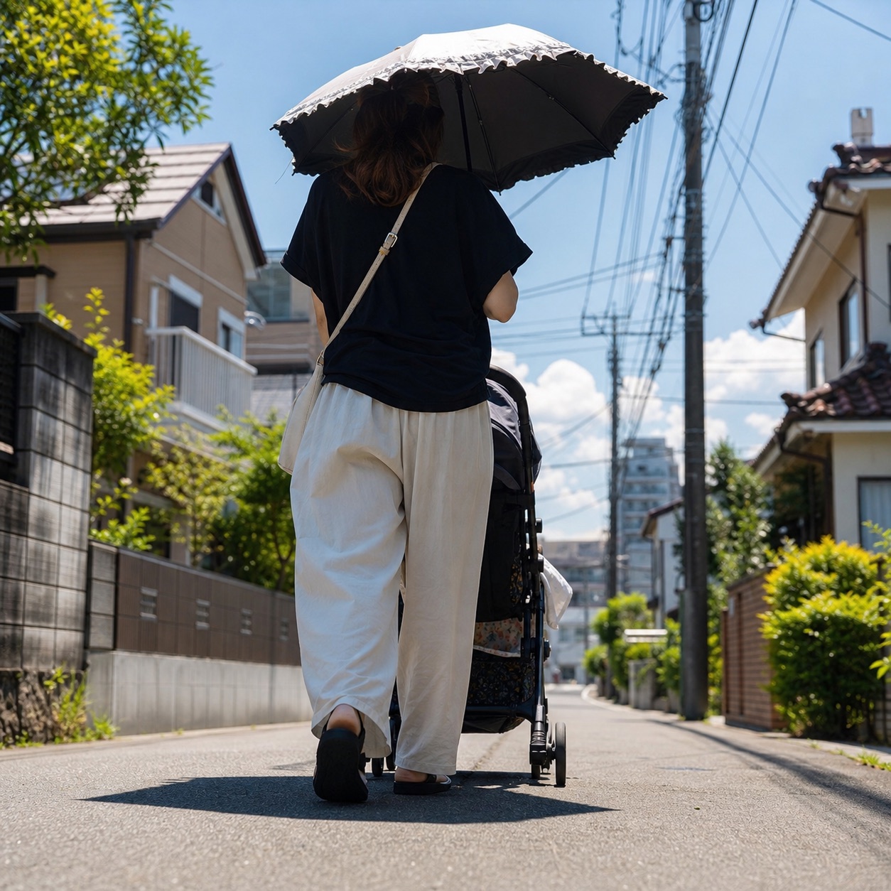 真夏の日中、日傘の下でベビーカーを押して歩くイメージ画像(生成画像・特定個人を写したものではありません)